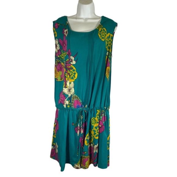 Munny Plus Size 14 Dress Tunic Teal Floral Drop Drawstring Waist Sleeveless - Picture 1 of 8